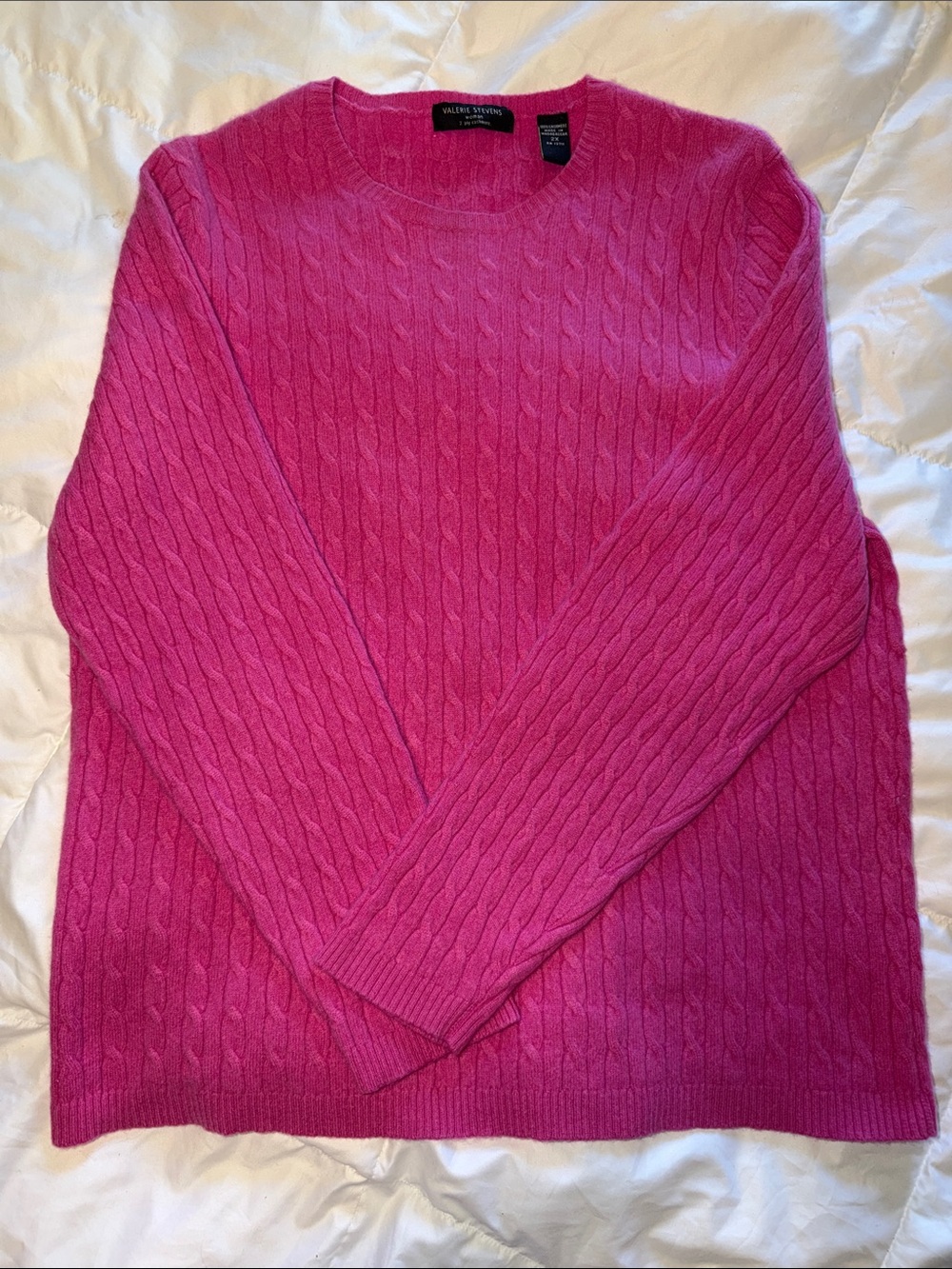 Valerie Stephen’s CASHMERE Bright Pink Cable-Knit Crewneck Sweater